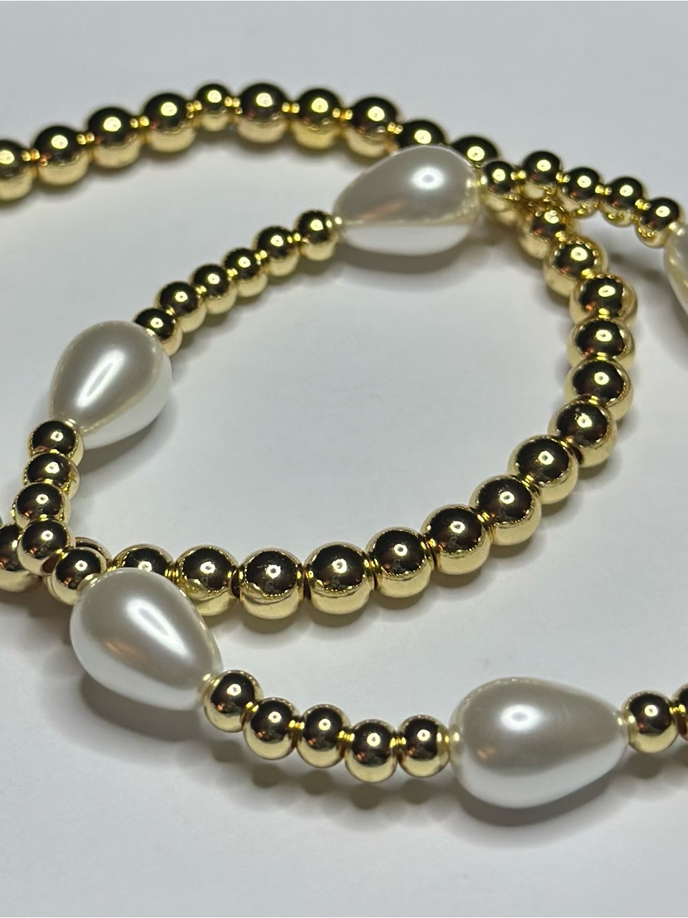 BramFam Beads Gold filled Bead Bracelets with White Teardrop Pearls by